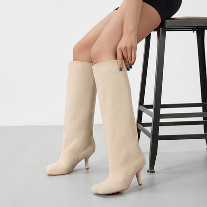 US Size Widen Women Knee High Suede Wide Calf Square Head Cover High Leg Boot