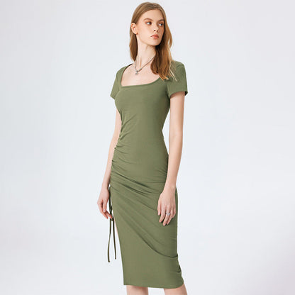 Knitted Small Sunken Stripe Elegant Square Cut Collar Waist Figure Flattering Side Slit Hip Dress