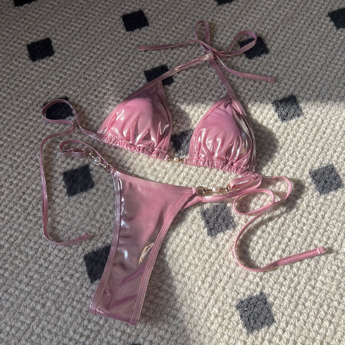Sexy Glossy Pearl T Shaped Bikini Swimwear Swimsuit Bikini