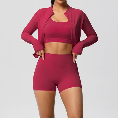 Solid Color Cloud Sense Yoga Bra Sports Coat Pilates Running Shorts Fitness Yoga Wear Three Piece Set for Women