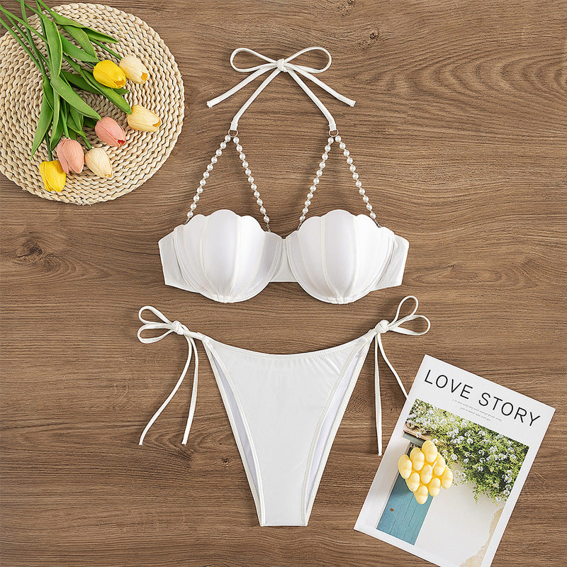 Halter White Split Swimsuit Steel Bracket Gathered Sexy Bikini Swimsuit