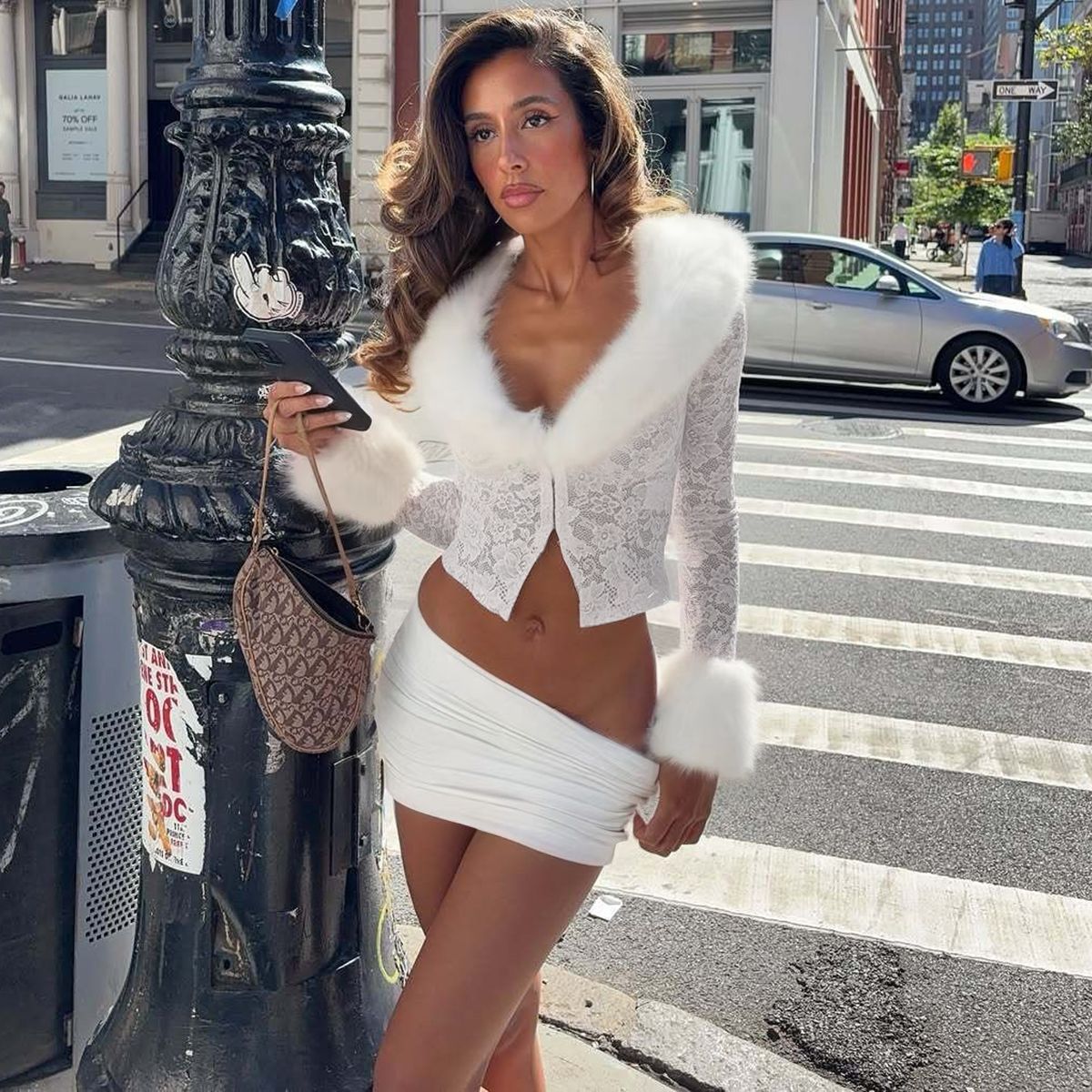 Women Clothing Autumn Winter Street Lace Plush Long Sleeved Top Sexy Skirt Set