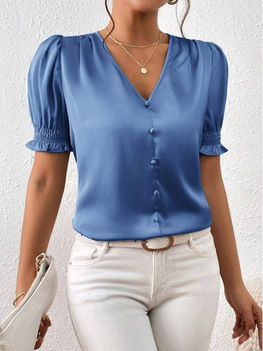 Satin V neck Buttons Shirt Spring Autumn French Casual Short Sleeve Ruffle Blouse
