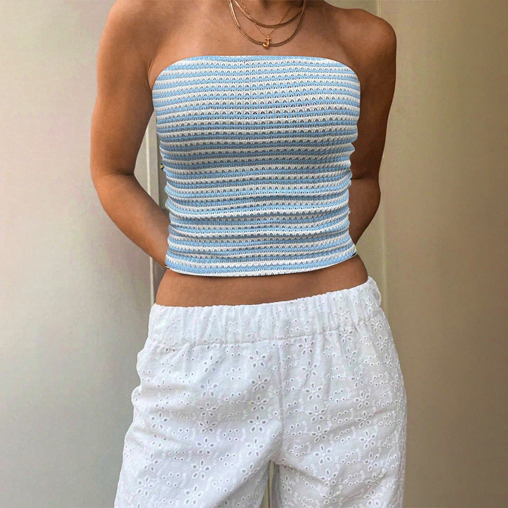 77Sexy Blue White Striped Tube Top Sleeveless Cold Shoulder Skinny Short Vacation Vest Top for Women