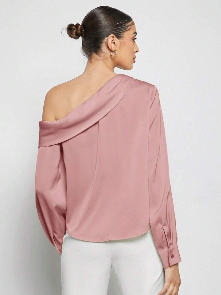 Pleated Satin Shirt Top Spring Summer off the Shoulder Asymmetric Long Sleeve Shirt Women Clothing