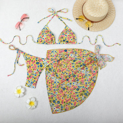 Printed Bikini Three Piece Gauze Skirt Split Sexy Vacation Bikini Swimsuit