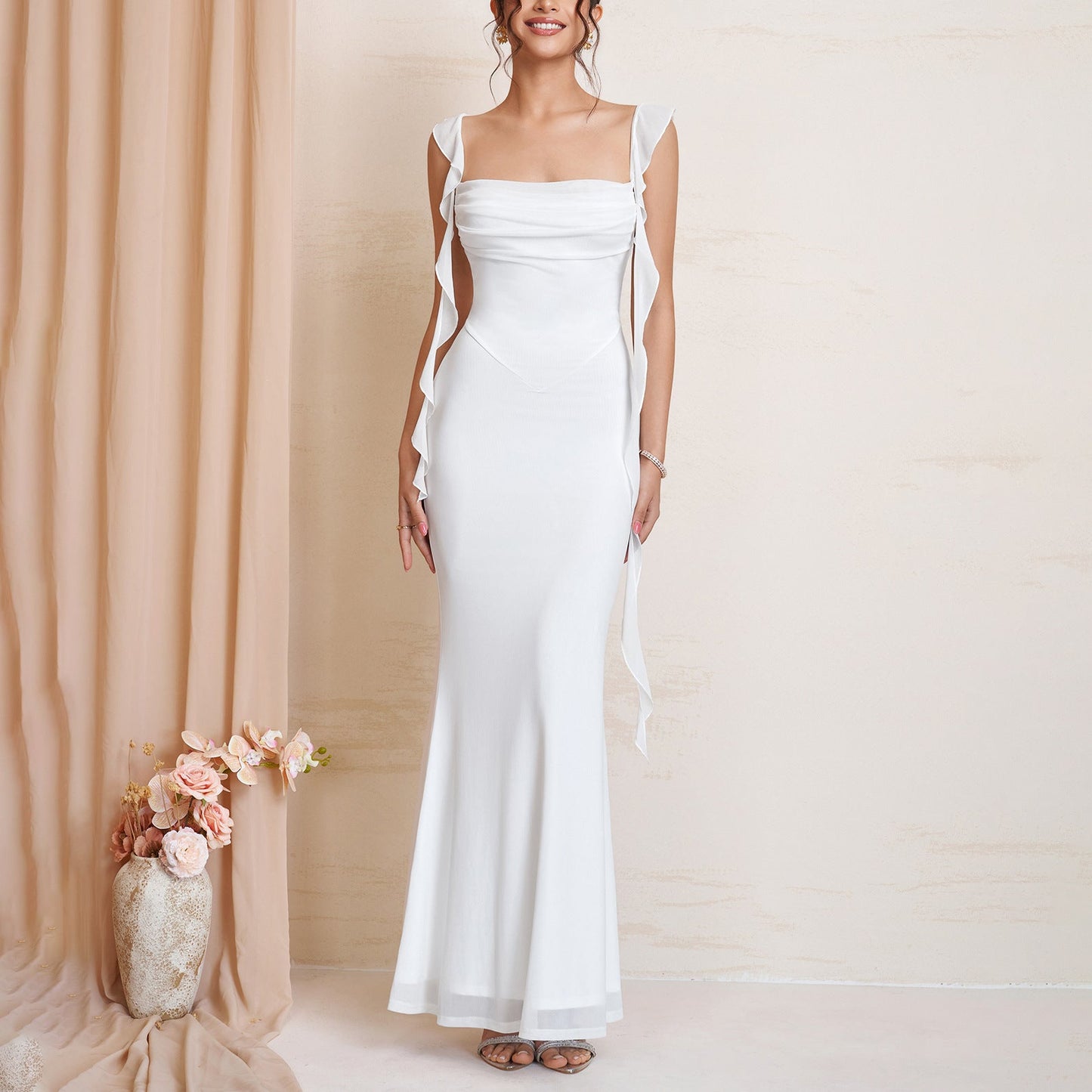 Summer Mesh Cami Dress Sexy Backless Square Collar Pleated Ribbon Cinched Slimming Maxi Dress