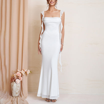 Summer Mesh Cami Dress Sexy Backless Square Collar Pleated Ribbon Cinched Slimming Maxi Dress
