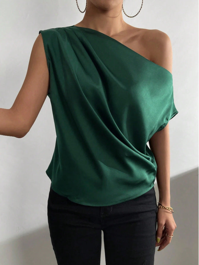 Spring Solid Color Satin Artificial Silk Irregular Asymmetric Shoulder off Shoulder Pullover Sleeveless Shirt Women Clothing