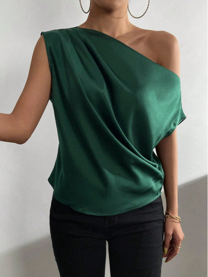 Spring Solid Color Satin Artificial Silk Irregular Asymmetric Shoulder off Shoulder Pullover Sleeveless Shirt Women Clothing