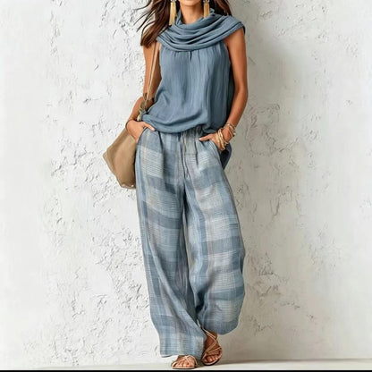 Women Retro Casual Sleeveless Top Plaid Pants Two Piece Sets