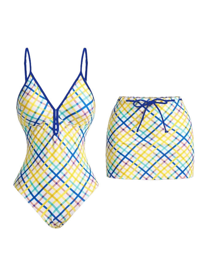 Bikini One Piece Ladies Conservative Swimsuit Plaid Printed Skirt Two Piece Sets