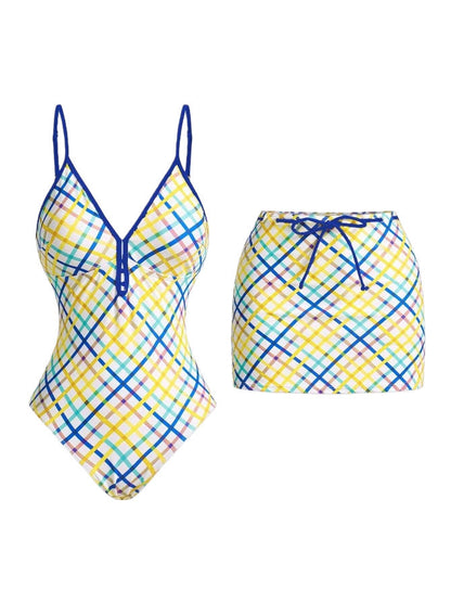 Bikini One Piece Ladies Conservative Swimsuit Plaid Printed Skirt Two Piece Sets