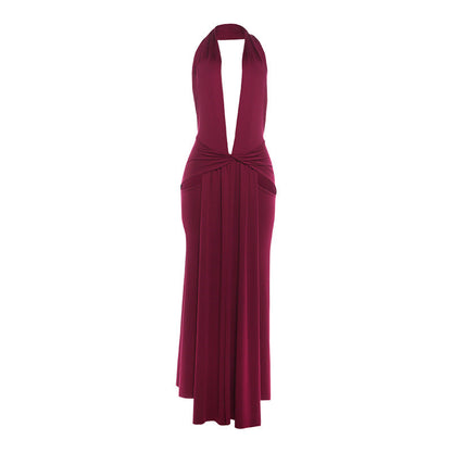Women Clothing Sexy Halter Deep V Plunge neck Backless Split Solid Color Dress