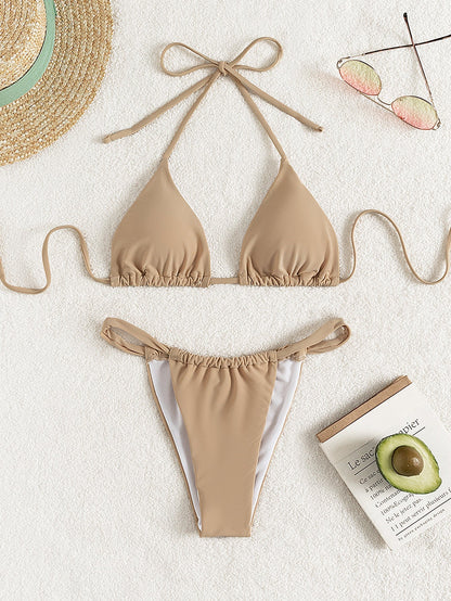 Sexy Solid Color Split Triangle High Waist Bikini Women Halter Triangle Cup Swimsuit