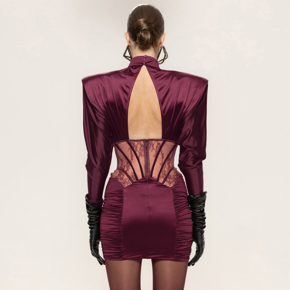 Autumn Winter Sexy Tight Elastic Satin Hip Elegant Dress
