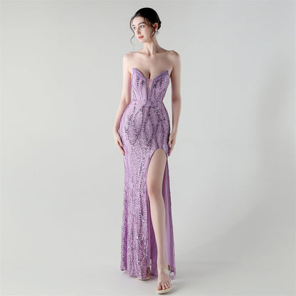 Boning Corset Waist Tight Heavy Industry Beads Heart Shaped Collar Sequined Evening Dress Luxury Cocktail Evening Dress