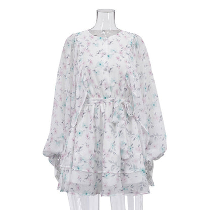 Dress Women Summer Round Neck Puff Sleeve Single Breasted Lace up A line Dress Floral Dress