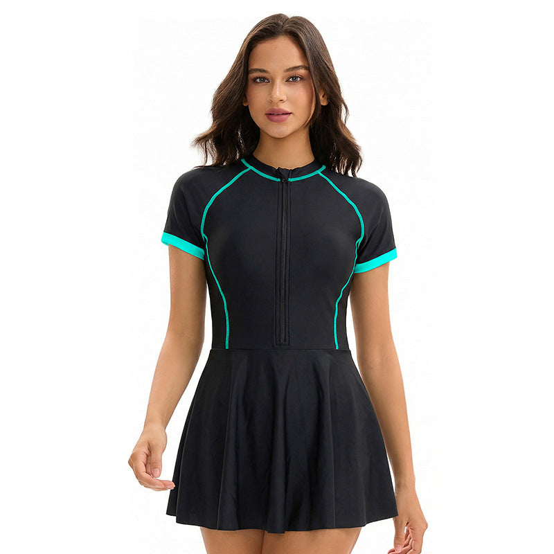 Dress Siamese Triangle Swimsuit Women Short Sleeve Conservative Sun Protection Sports Swimsuit
