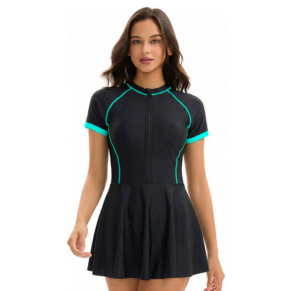 Dress Siamese Triangle Swimsuit Women Short Sleeve Conservative Sun Protection Sports Swimsuit