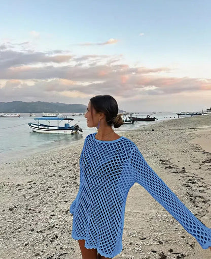 Knitted Hollow Out Cutout Sexy Sun Protection Shirt Bikini Cover-up Women Swimsuit Blouse Vacation Beach Outer Pullover