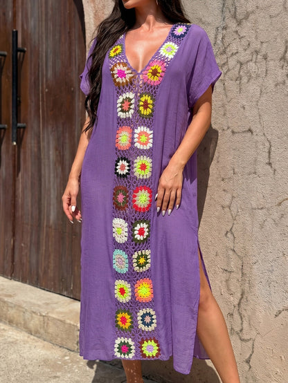 Women Clothing Crocheted Random Mixed Color Stitching Sexy Beach Blouse