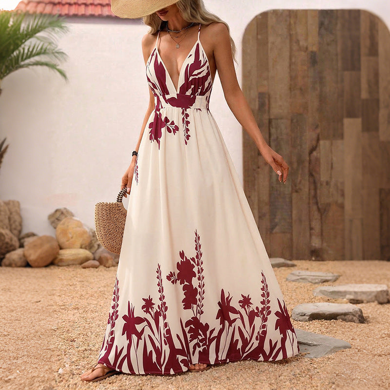 Retro Vacation Floral Print Strap Backless Large Swing Dress