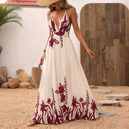 Retro Vacation Floral Print Strap Backless Large Swing Dress