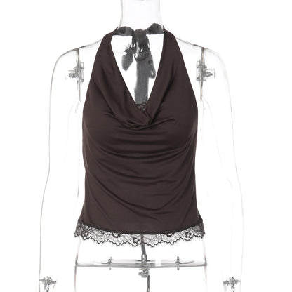 Lace Stitching Swing Collar Halterneck Vest Women Winter Sexy Inner Wear Outer Wear Slim Fit Tied Top Women