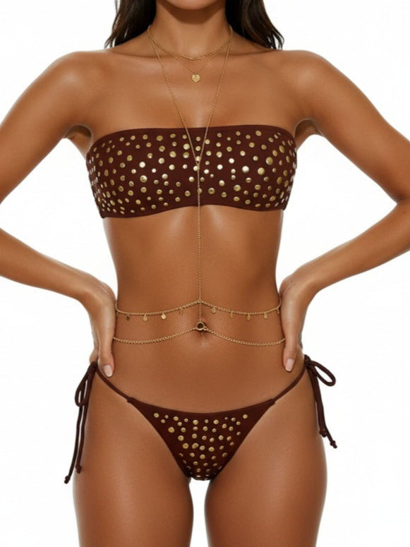 Metal Dot Tube Top Sexy Split Banded Bikini Swimsuit