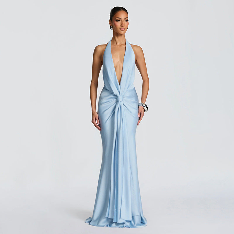 Autumn Winter Women Solid Color Deep V Plunge neck Halter Ribbon Pleated Sexy Backless Elegant Dress for Women