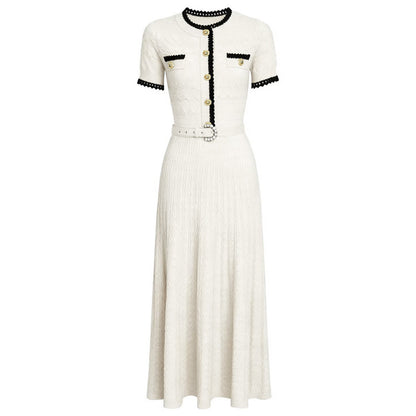 Summer Ladies Internet Popular Slim Fitting Figure Flattering Belt Short Sleeve Long Pattern Dress Women