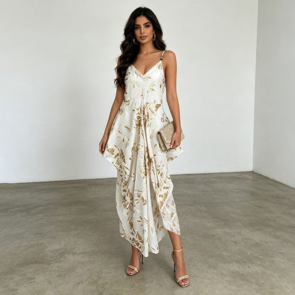 Vacation Dress Sleeveless Deep V Plunge neck Strap Cinched Peplum Profile Dress for Women