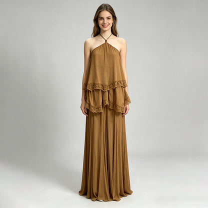 Modern Romantic Tiered Dress Halter Sleeveless Loose Profile Lace High Grade Dress