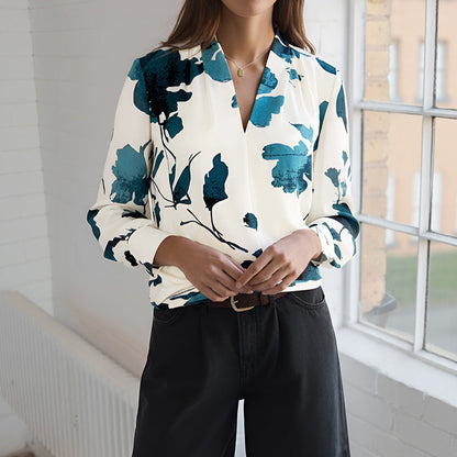 Spring Autumn Casual Artistic Shirt Long Sleeve Ink Floral Printed Shirt