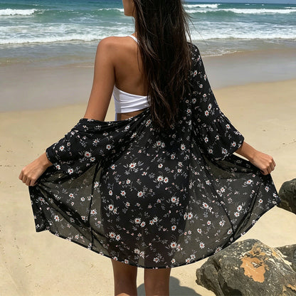 Black Little Daisy Floral Sun Protection Cardigan Seaside Vacation Beach Swimsuit Outwear Breathable Blouse