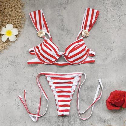 Push up Sling Ruffled Striped Printed Split Swimsuit Women Triangle Banded Bikini