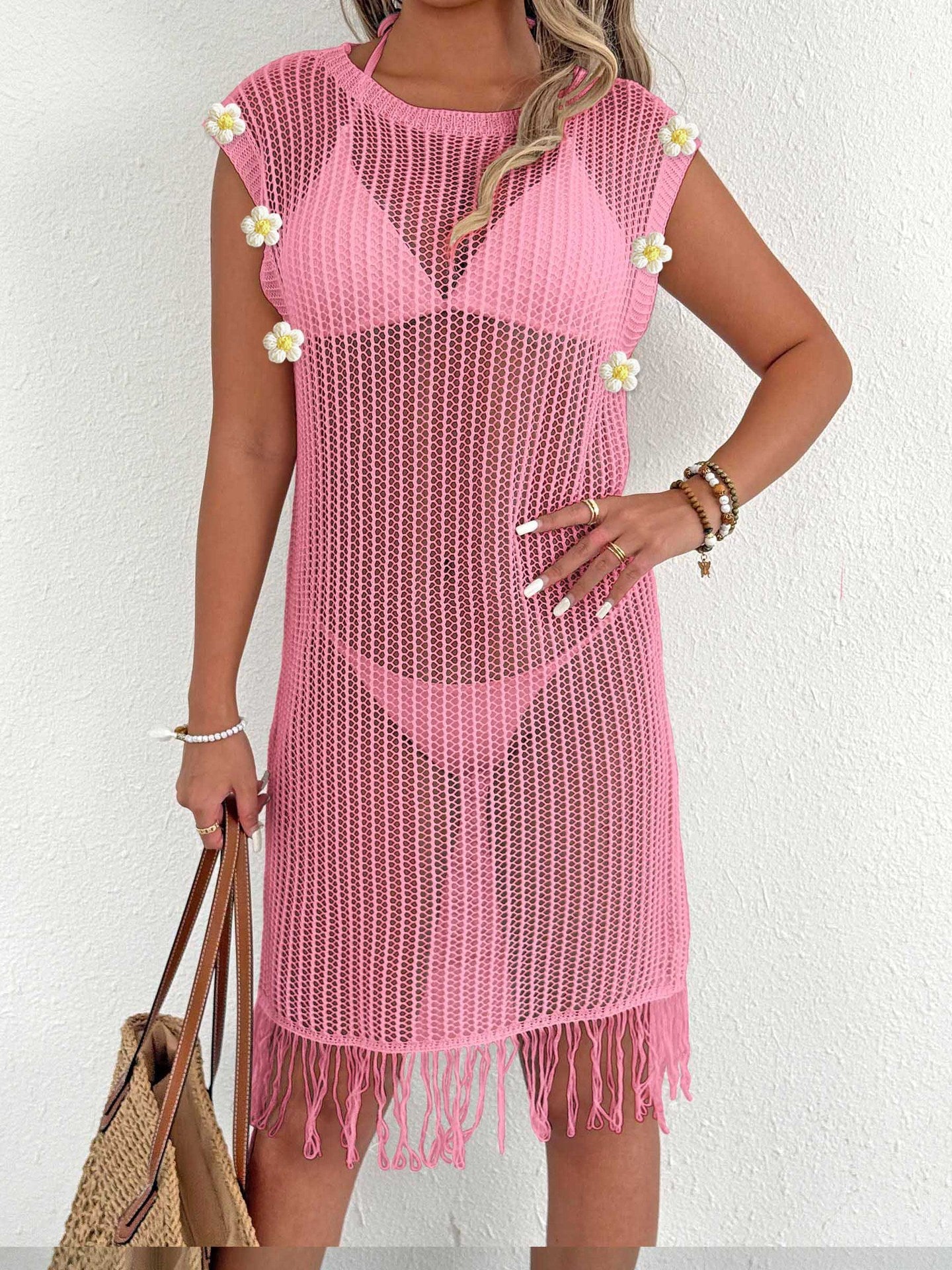 Beach Dress Vacation Beach Cover Up Women Clothing Sexy Cutout See through Tassel Stitching Dress
