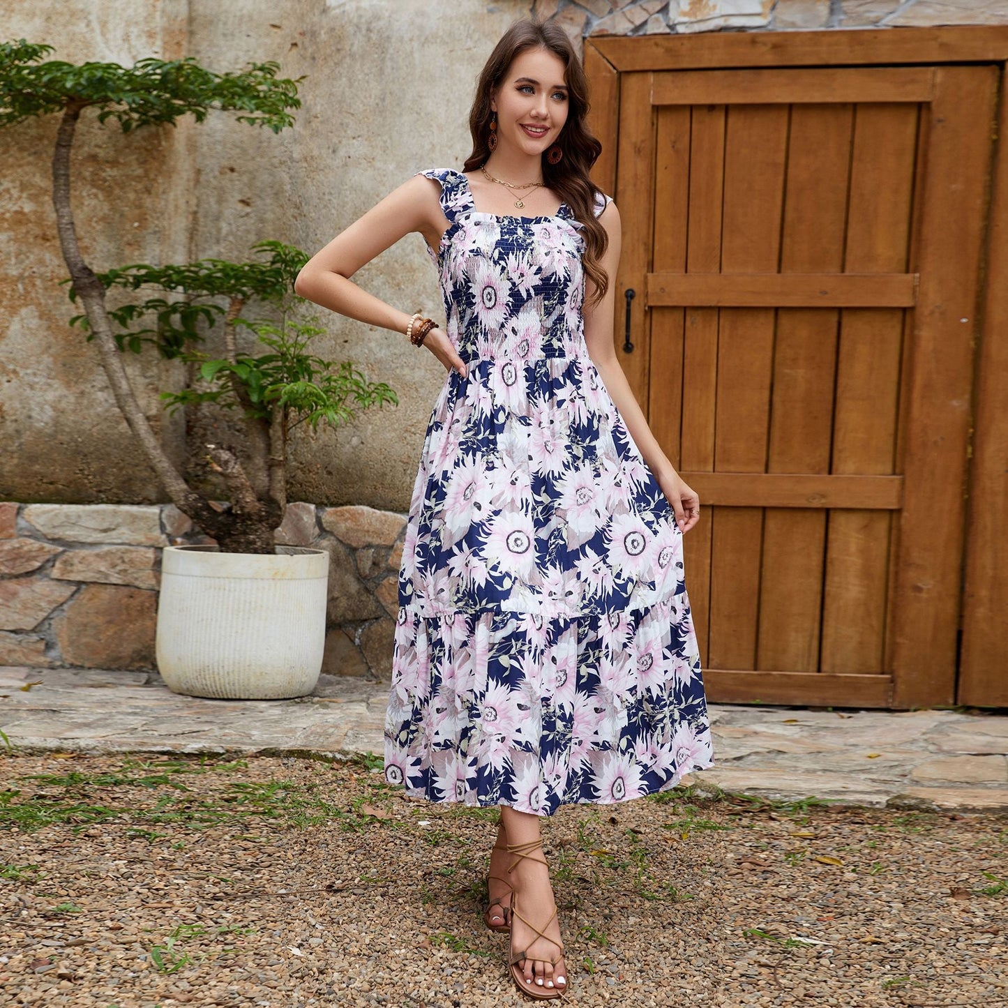 Rayon Ruffle Sleeve Vest Dress Vacation Elegant Big Hem Dress