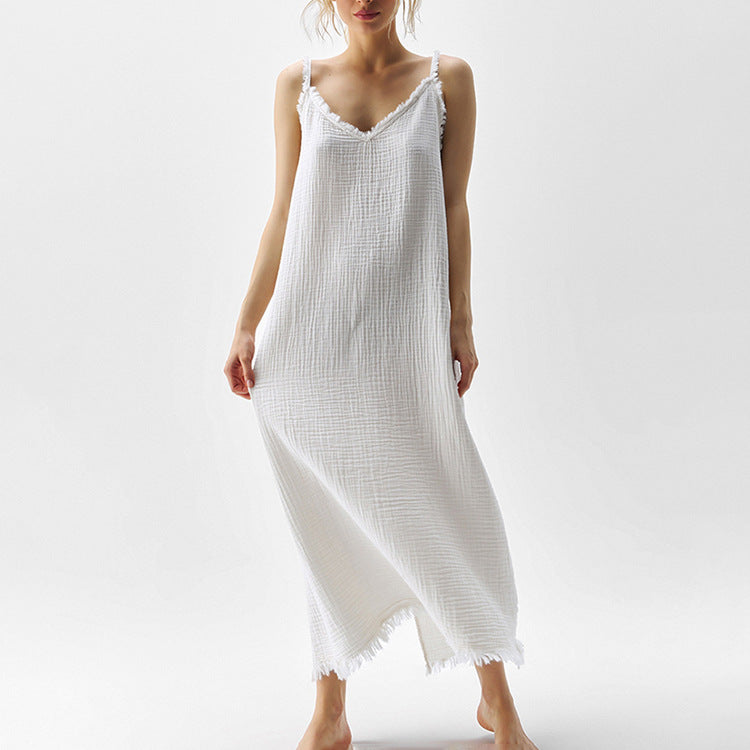 Women Clothing Fashionable Simple Casual Suspender Cotton Champray White V Collar Split Dress