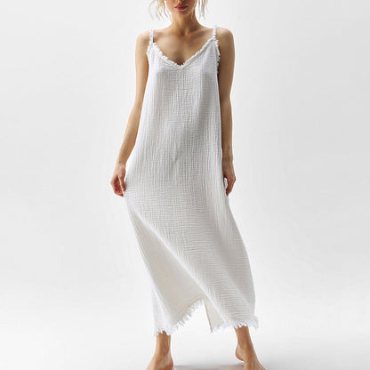 Women Clothing Fashionable Simple Casual Suspender Cotton Champray White V Collar Split Dress
