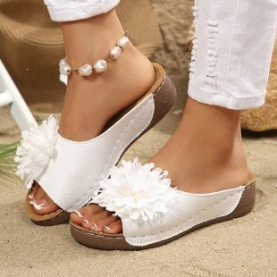 Floral Cloth Wedge Slippers Women Outdoor Seaside Platform Beach Slippers