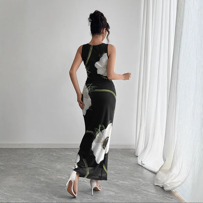 Spring Summer Women Black Mesh Floral Print Sleeveless Maxi Dress