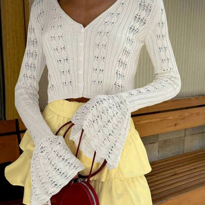 Design Hollow Out Cutout out Sexy Knitted Cardigan Solid Color Long Sleeve V neck French Short Bell Sleeve Blouse