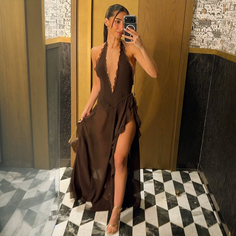 Sexy Low Collar High Slit Halter Lace Dress