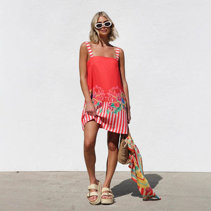 Suspender Skirt Positioning Printing A Swing Mini Suspender Dress for Women