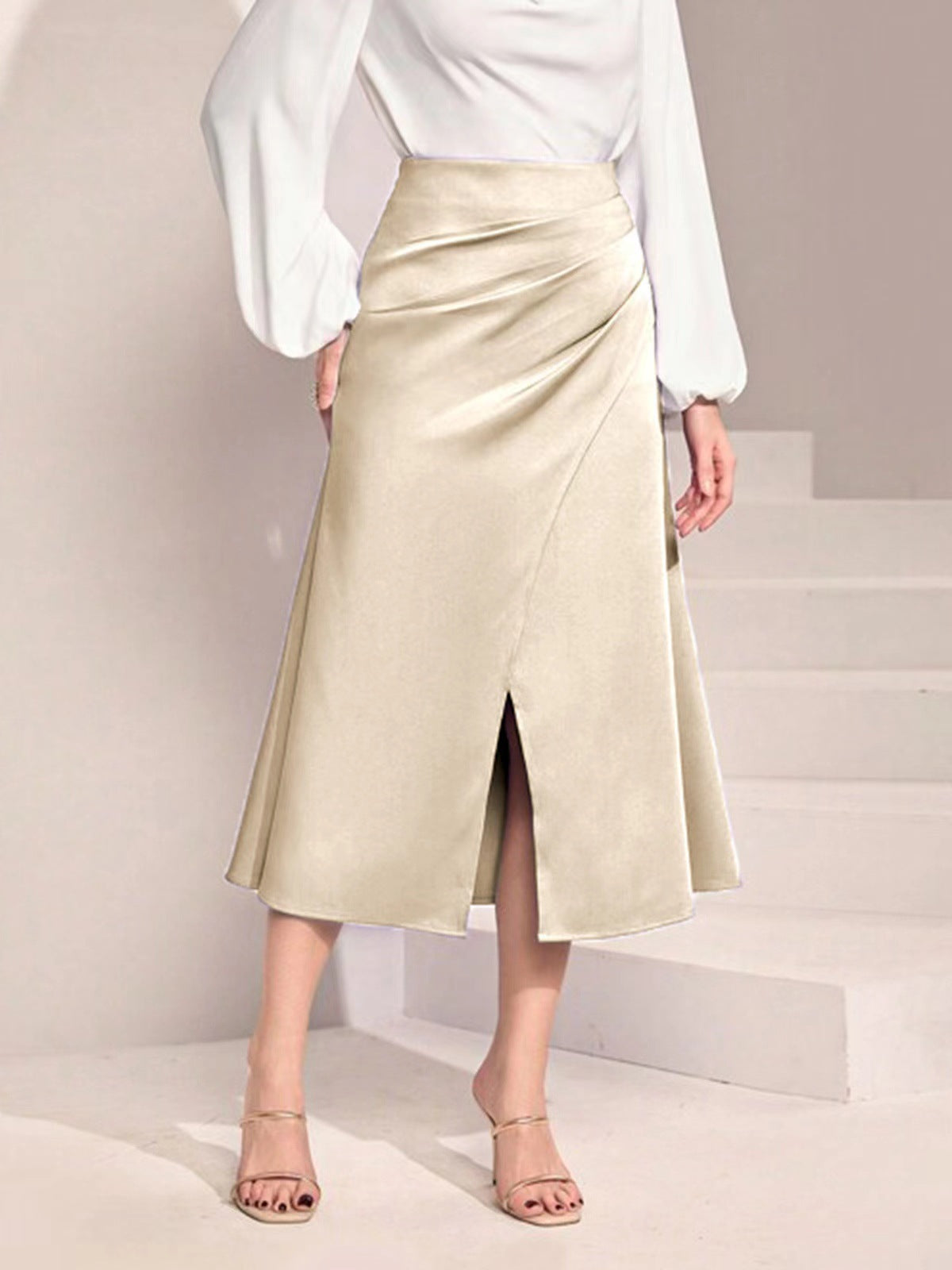 Women Clothing High Waist Satin Pleated Split Dress Solid Skirt Zipper Fishtail Hip Skirt