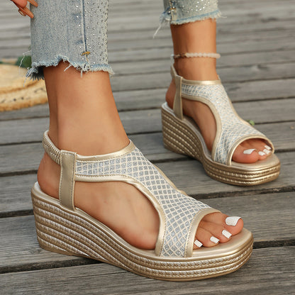Online Open Toe Wedge Sandals Women Summer Casual Thick Soled Elastic Strap Beach Flip Flops on