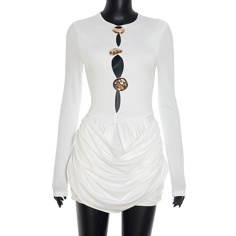 Women Autumn Winter Design Luxury Decorative Pleated Hollow Out Cutout Mini Sheath Dress
