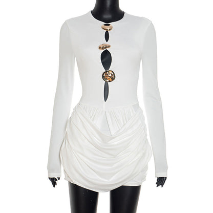 Women Autumn Winter Design Luxury Decorative Pleated Hollow Out Cutout Mini Sheath Dress